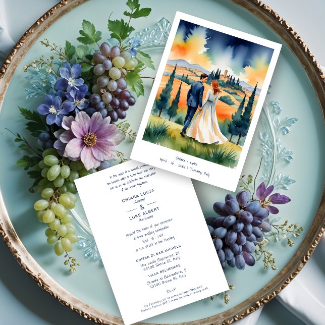 Invitación Invitation (Tuscany Italy Colorful Field Landscape Wedding Couple Illustration Invitations Cards.)
