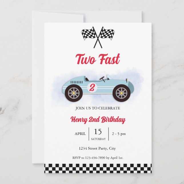 Invitación Invitation 2nd Birthday Too Fast, Vintage Race (Anverso)