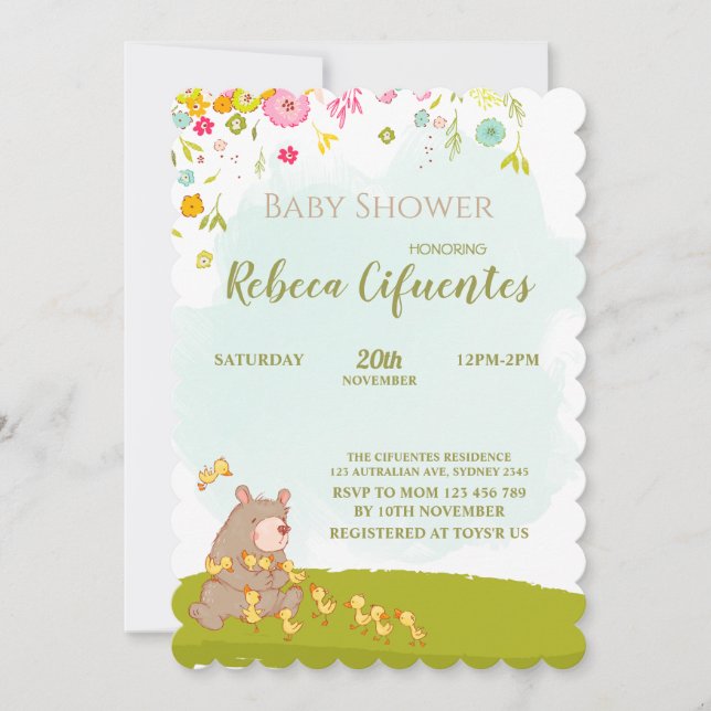 Invitación Invitation Baby Shower Bear and duckies (Anverso)