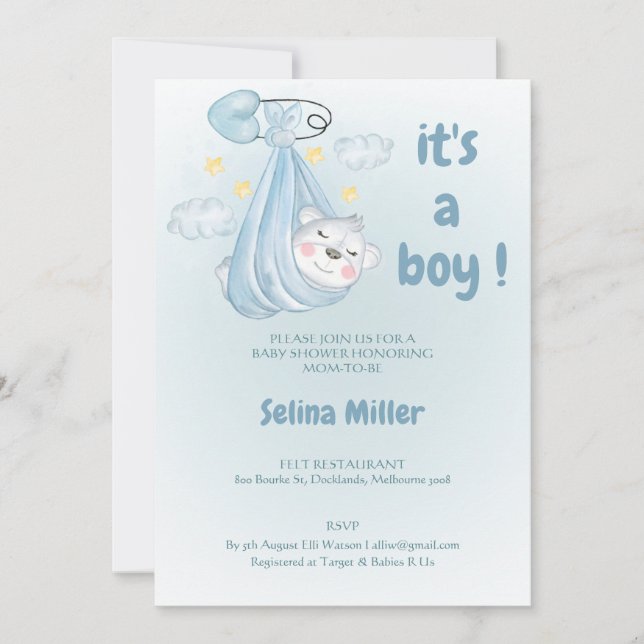Invitación  invitation baby shower boy blue , (Anverso)