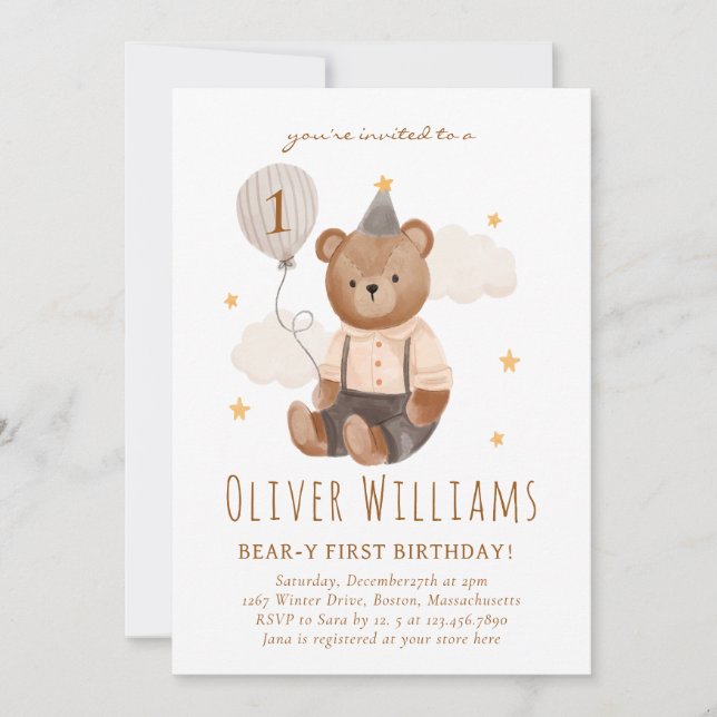 Invitación Invitation bear 1st birthday blue balloon (Anverso)
