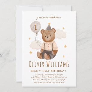 Invitación Invitation bear 1st birthday blue balloon