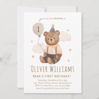 Invitación Invitation bear 1st birthday blue balloon