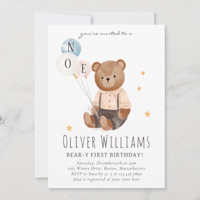 Invitación Invitation bear 1st birthday blue balloon (Anverso)