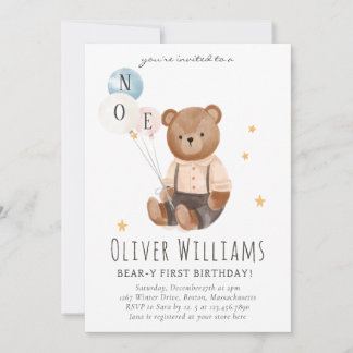Invitación Invitation bear 1st birthday blue balloon