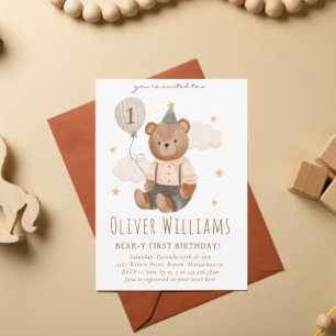 Invitación Invitation bear 1st birthday blue balloon