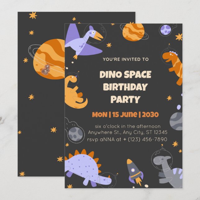 Invitación Invitation Birthday  Dino Space  for Boys Editable (Anverso / Reverso)