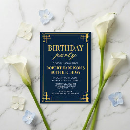 Invitación Invitation Birthday Party Navy Gold Art Deco 80th