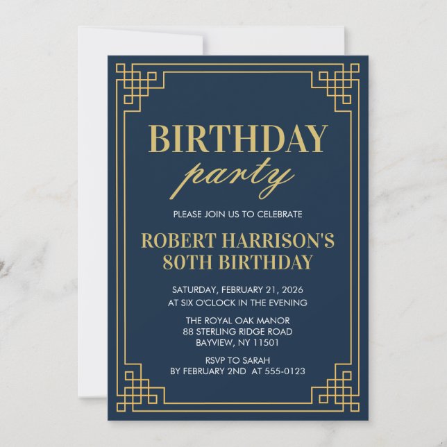 Invitación Invitation Birthday Party Navy Gold Art Deco 80th (Anverso)