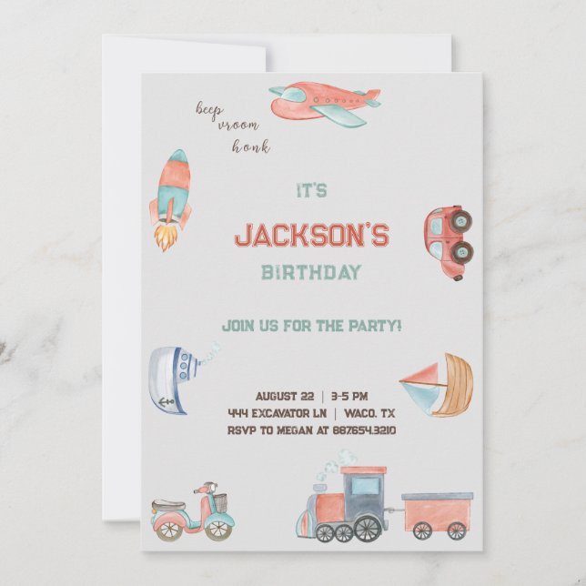 Invitación Invitation boys transport birthday (Anverso)