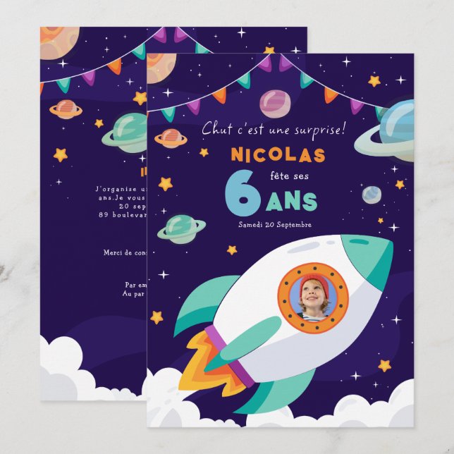 Invitación  invitation d'anniversaire thème galaxie espace  (Anverso / Reverso)