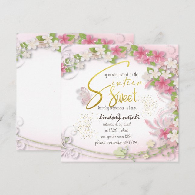 Invitación Invitation de cumpleaños dieciséis  per (Anverso / Reverso)