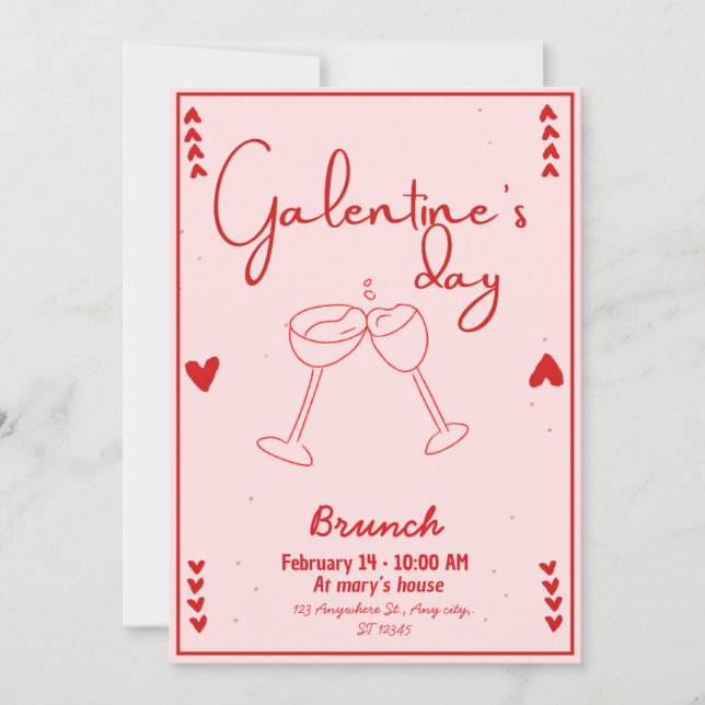 Invitación Invitation galentines day brunch red and pink (Anverso)