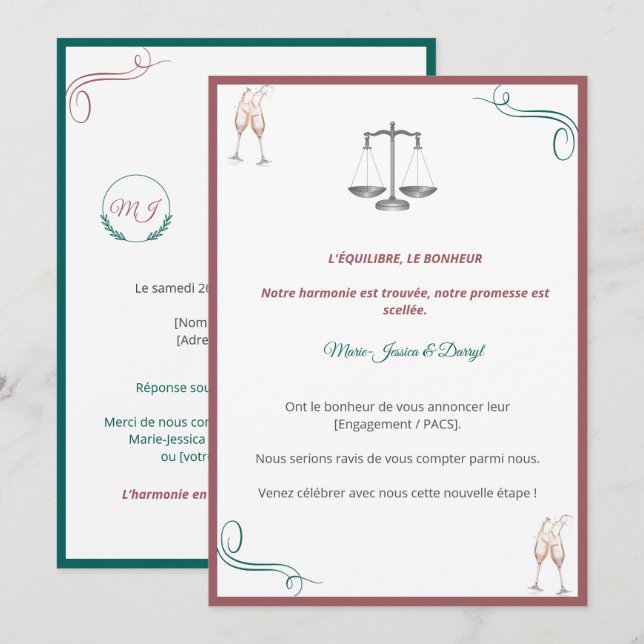 Invitación Invitation PACS ou Fiançailles Chic (Anverso / Reverso)