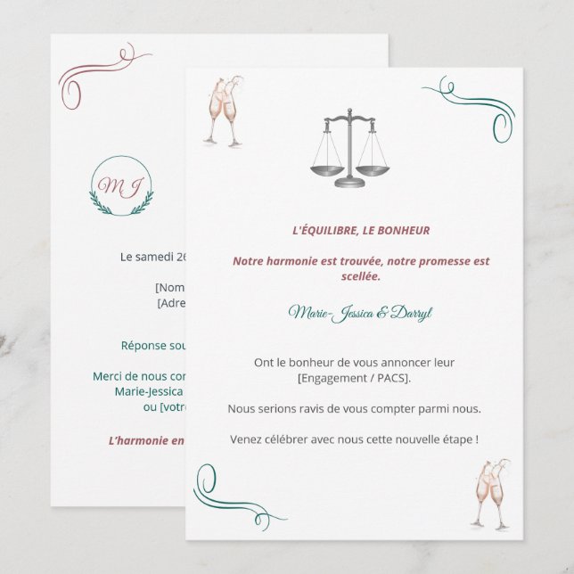 Invitación Invitation PACS ou Fiançailles Chic (Anverso / Reverso)