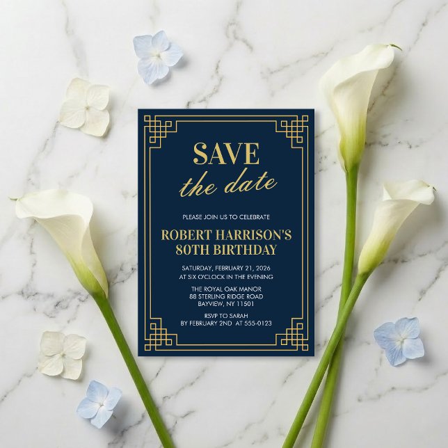 Invitación Invitation Save the Date Navy Gold 80th Birthday  (SEE FULL SUITE AT BOTTOM)