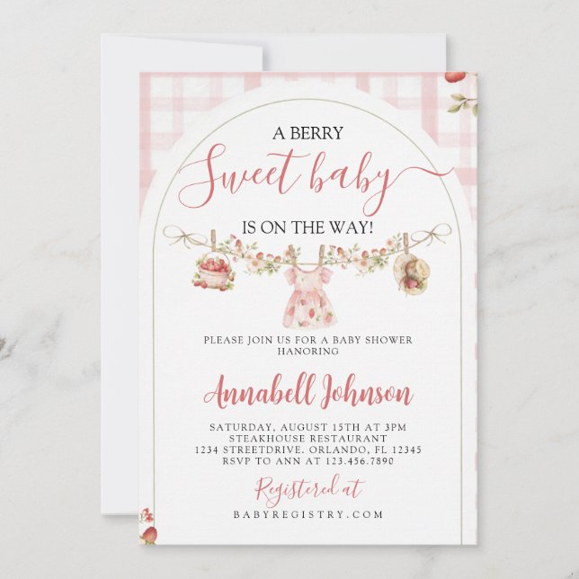 Invitación Invitation to a baby shower with a berry theme (Anverso)