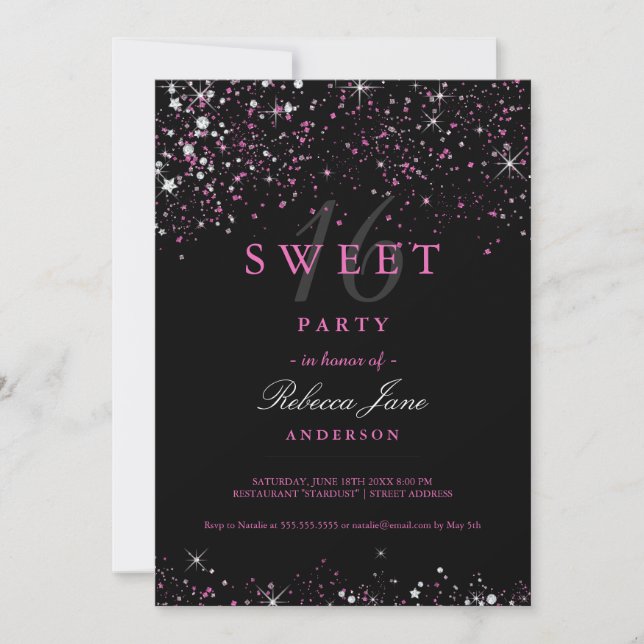Invitación Invite a un Purpurina de espuma rosa negra dulce 1 (Anverso)