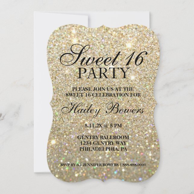 Invitación Invite - Purpurina de oro Fab Sweet 16  (Anverso)
