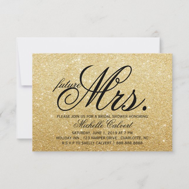 Invitación Invite - Purpurina Dorado Bridal Shower futuro Sra (Anverso)