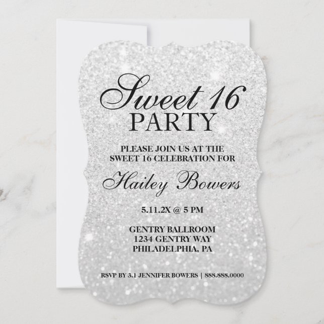 Invitación Invite - Purpurina Plata Fab Sweet 16 (Anverso)