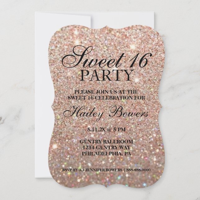 Invitación Invite - Rosa Purpurina de oro Fab Sweet 16 (Anverso)