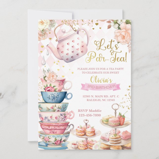 Invitación Invitemos al chica de Par-Tea, Fiesta de té. (Anverso)