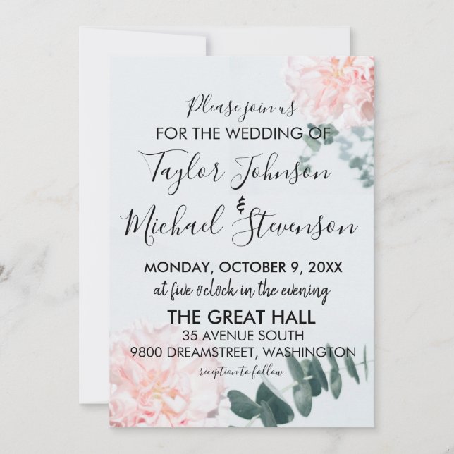 Invitación Invocatoria a la boda del clavel rosado y el vid (Anverso)