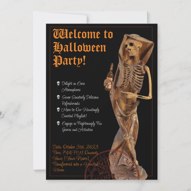 Invitación Inwita de Halloween con vino y muerte (Anverso)