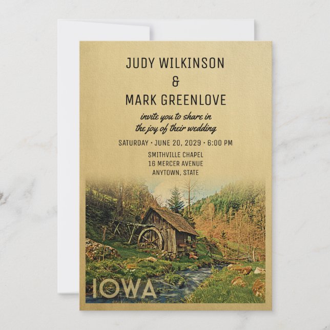 Invitación Iowa Wedting Rustic Cabin Mill (Anverso)
