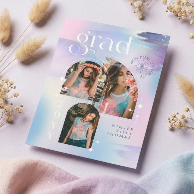 Invitación Iridescent Pastel Watercolor Starry 3 Photo Grad (Iridescent Pastel Watercolor Starry 3 Photo Grad Invitation)