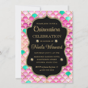 Invitación Iridescente y Escamas de Sirena Doradas Quinceañer
