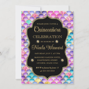 Invitación Iridescente y Escamas de Sirena Doradas Quinceaner