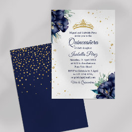 Invitación Iris azul marino y Purpurina Tiara Quinceanera