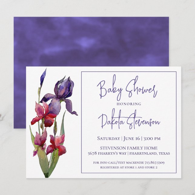 Invitación Iris Baby Shower | Flor violeta real púrpura (Anverso / Reverso)