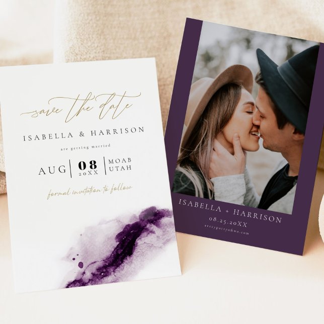 Invitación IRIS Boho Plum Purple Gold Splash Save the Date (Subido por el creador)
