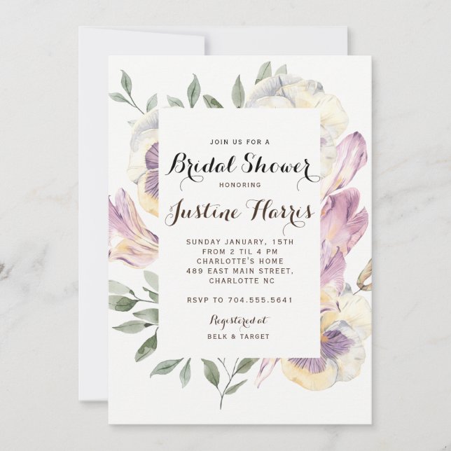 Invitación Iris Bridal Shower Invitation, pansies (Anverso)