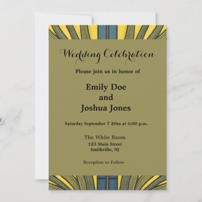 Invitación Iris Flor Art Nouveau Vidrio Manchado Oro Azul (Anverso)