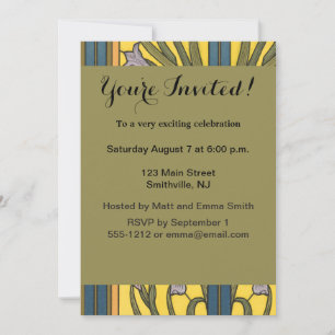 Invitación Iris Flor Art Nouveau Vidrio Manchado Oro Azul