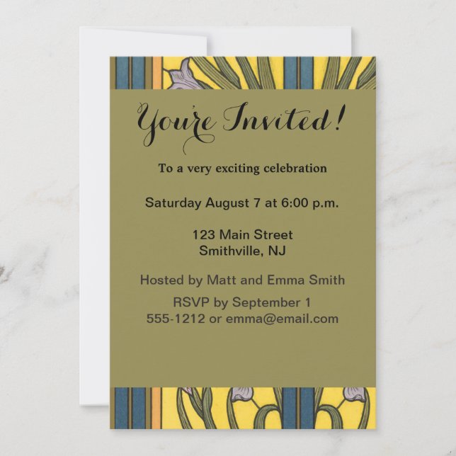 Invitación Iris Flor Art Nouveau Vidrio Manchado Oro Azul (Anverso)