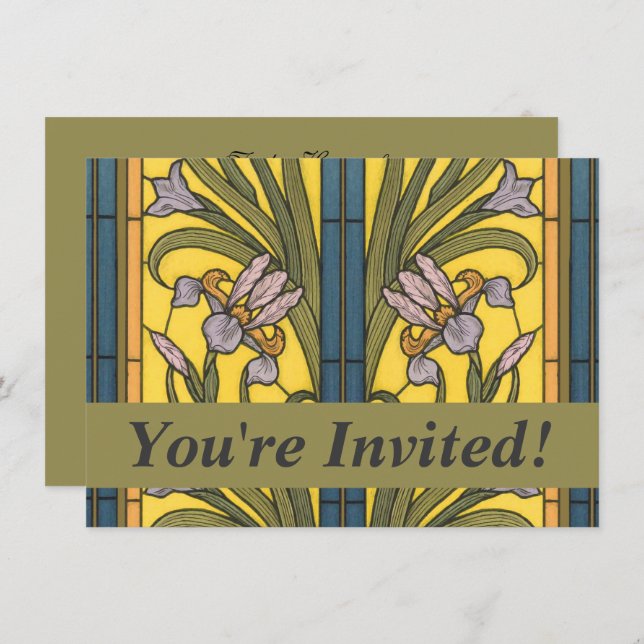 Invitación Iris Flor Art Nouveau Vidrio Manchado Oro Azul (Anverso / Reverso)