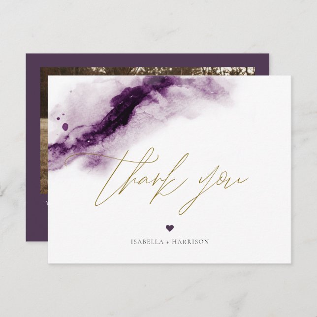 Invitación IRIS | Pluma Morado Acuarela Dorada Gracias Tarjet (Anverso / Reverso)