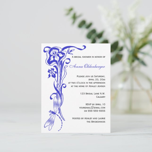 Invitación Iris y Dragonfly Royal Blue Bridal Shower (Anverso de pie)