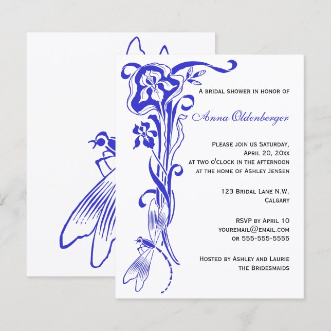 Invitación Iris y Dragonfly Royal Blue Bridal Shower (Anverso / Reverso)