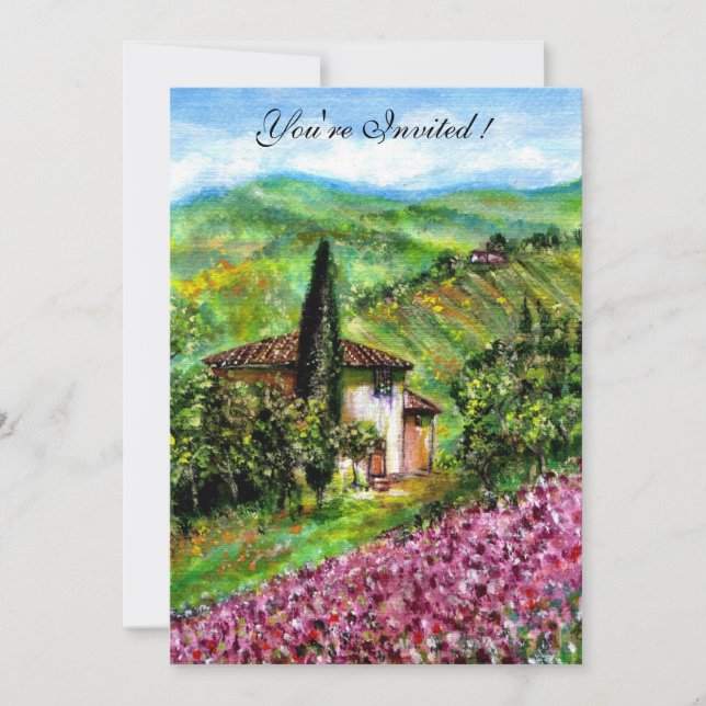 Invitación IRISES EN TUSCANIA, Campo de flores moradas verdes (Anverso)