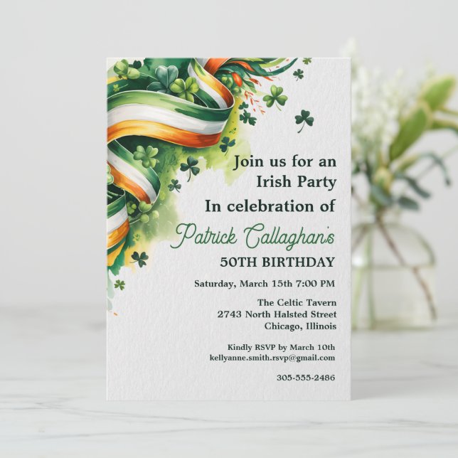 Invitación Irish Flag Ribbon Shamrock Green White Orange  (Anverso de pie)