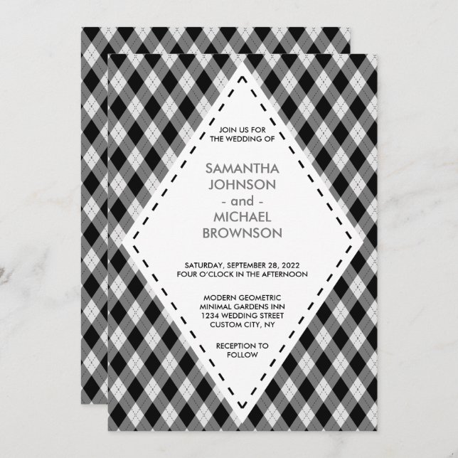 Invitación Irish Tartan Diamond Black Grey Wedding (Anverso / Reverso)