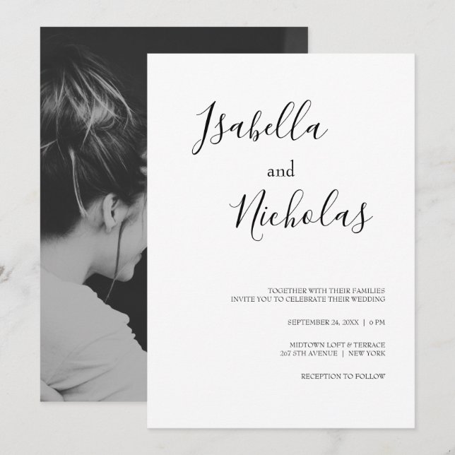 Invitación Isabella simple Boda de fotografía negra blanca mo (Anverso / Reverso)