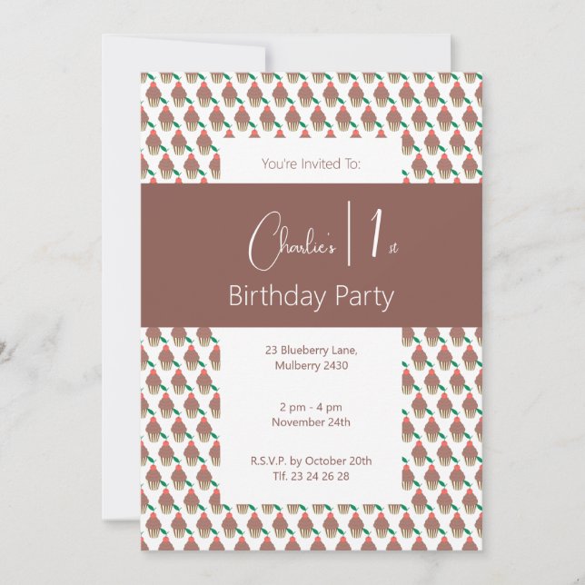 Invitación Isima Chocolate Cherry Cupcake 1º cumpleaños (Anverso)