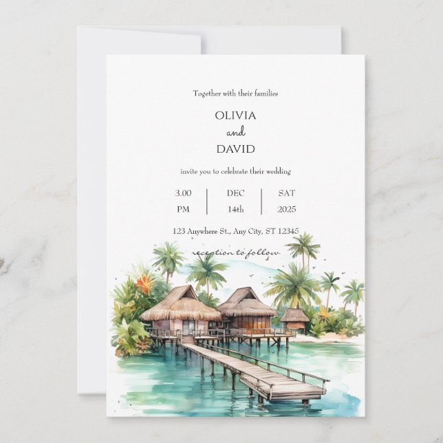 Invitación Isla Costera Bungalows Beach Wedding (Anverso)